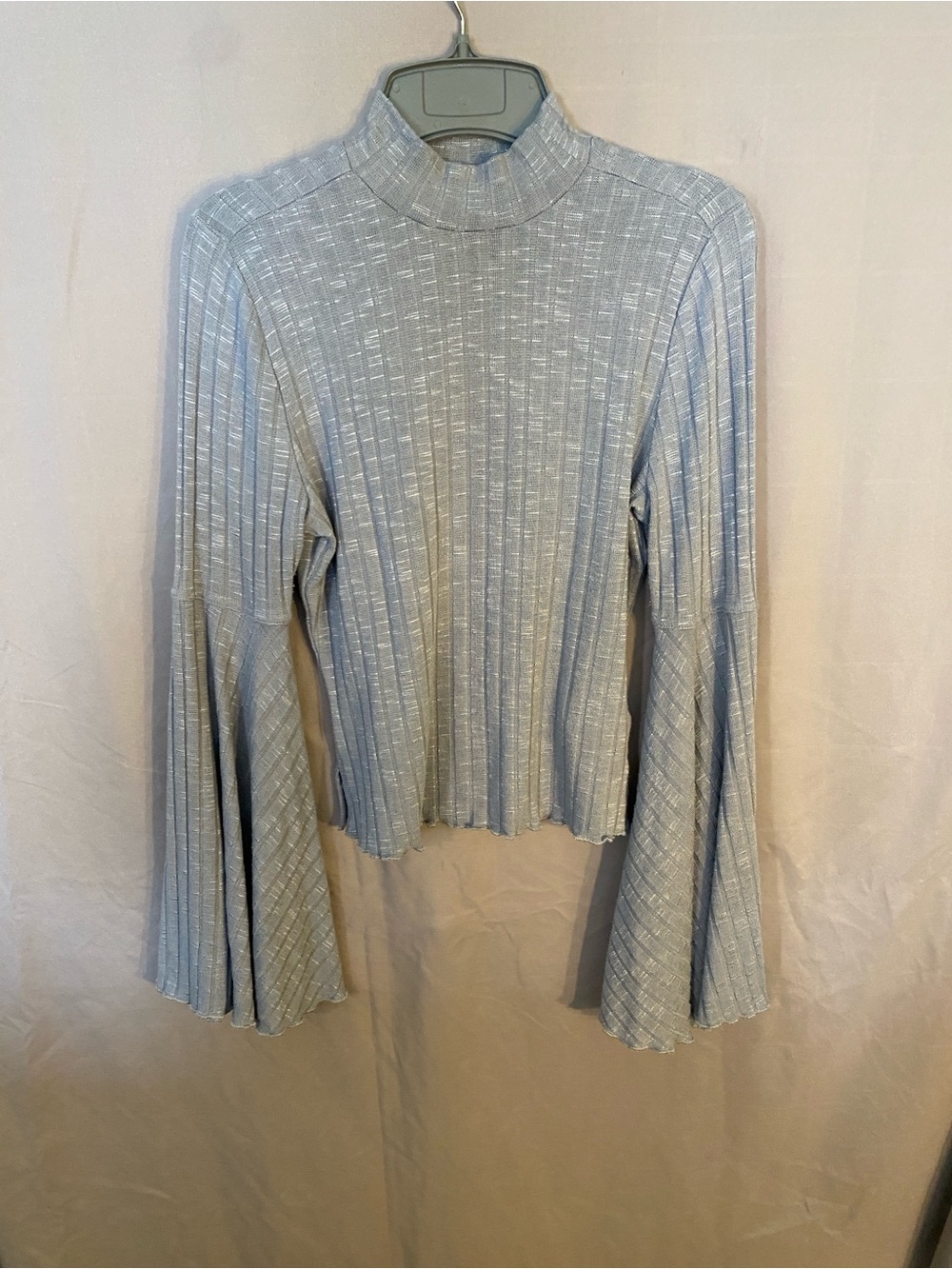 Shyanne Light Gray Ribbed Mock Neck Top with Bell Sleeves